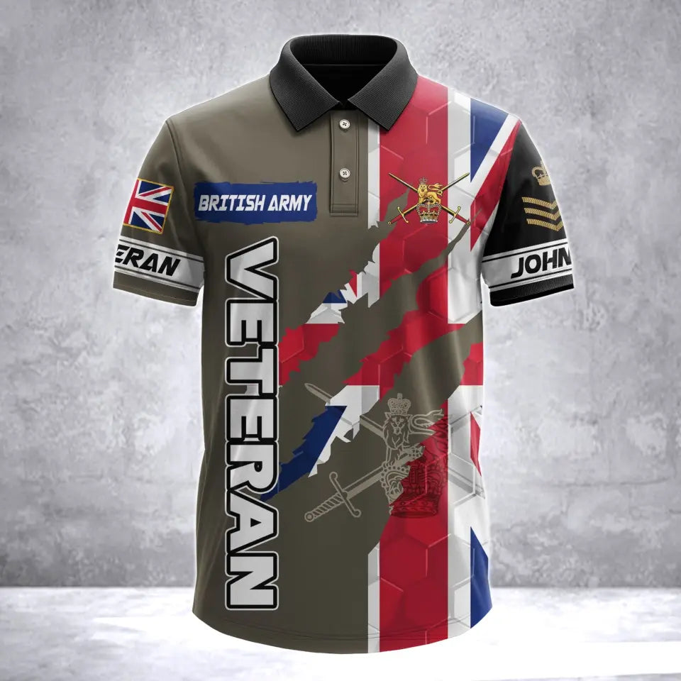 Personalized UK Army Veteran UK Flag & Logo Custom Name & Rank Polo Shirt Printed AHVA241763