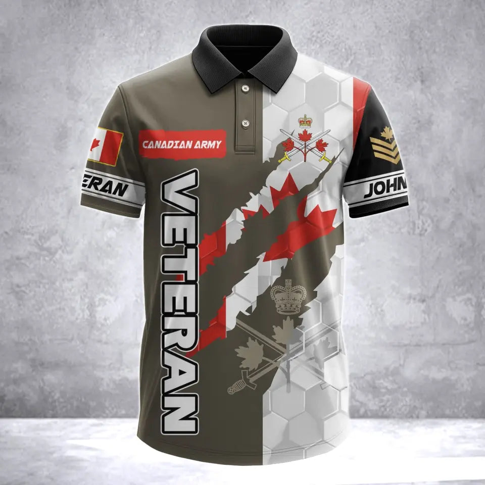 Personalized Canadian Army Veteran Canada Flag & Logo Custom Name & Rank Polo Shirt Printed AHVA241763