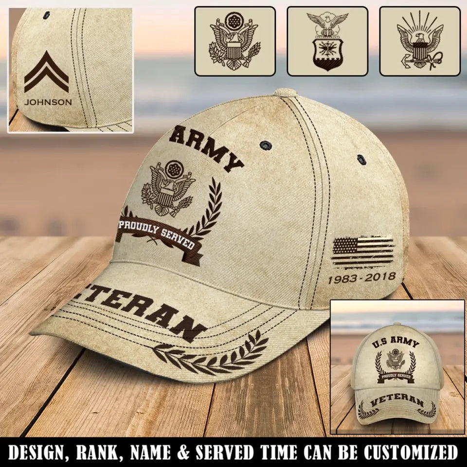 Personalized US Army Veteran Proudly Served Custom Name, Rank & Service Time Cap 3D Printed AHVQ241765