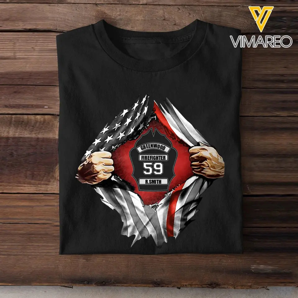 Personalized US Firefighter Hand Tear Flag Custom Name & ID Number T-shirt Printed LVA241772