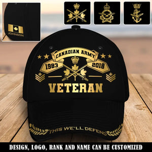 Personalized This We'll Defend Canadian Army Veteran Logo & Rank Cap 3D Printed QTVQ241792