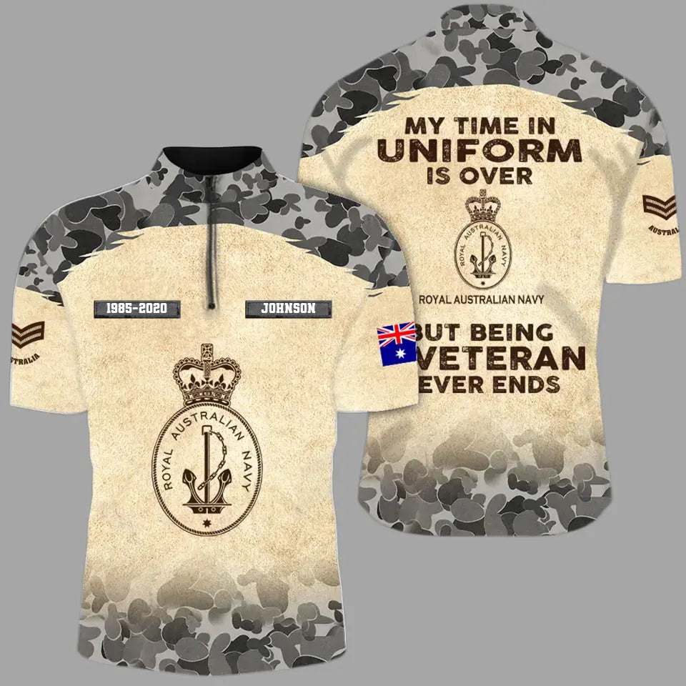 Personalized My Time In Uniform Is Over Australian Army But Being A Veteran Never Ends Half Turtleneck Short Sleeve Polo Printed AHVQ241715