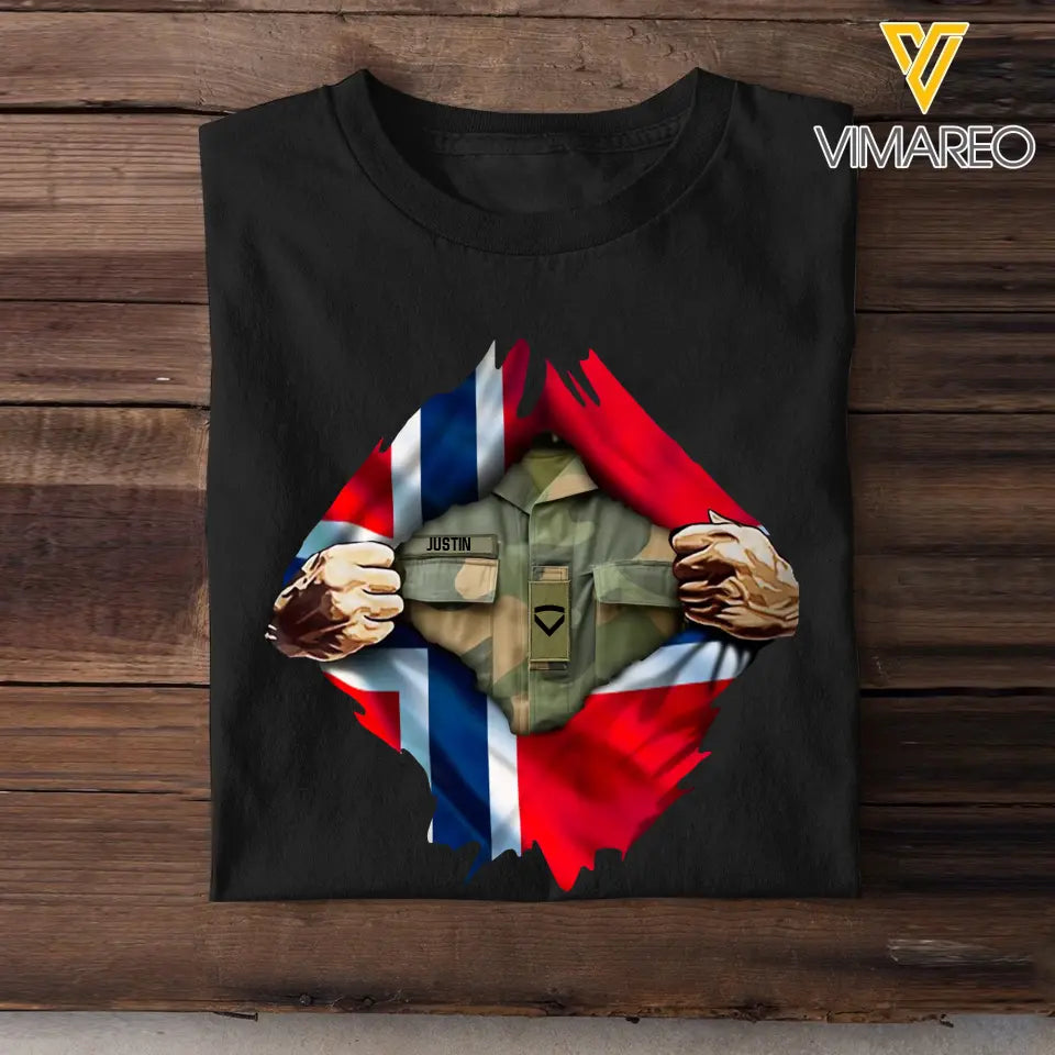 Personalized Norwegian Veteran Rank Camo Norwegian Flag T-shirt Printed LVA241823