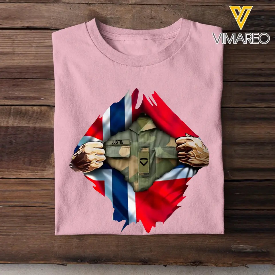 Personalized Norwegian Veteran Rank Camo Norwegian Flag T-shirt Printed LVA241823