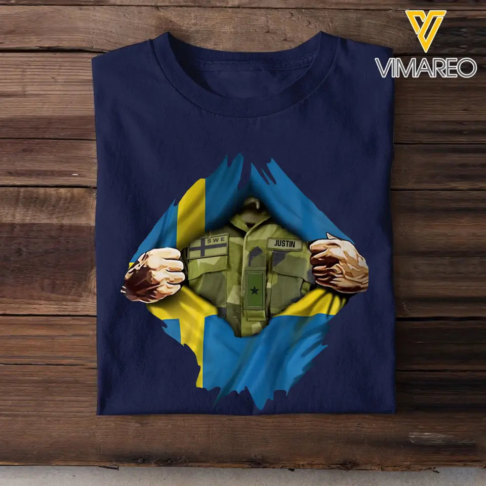 Personalized Swedish Veteran Rank Camo Swedish Flag T-shirt Printed LVA241823