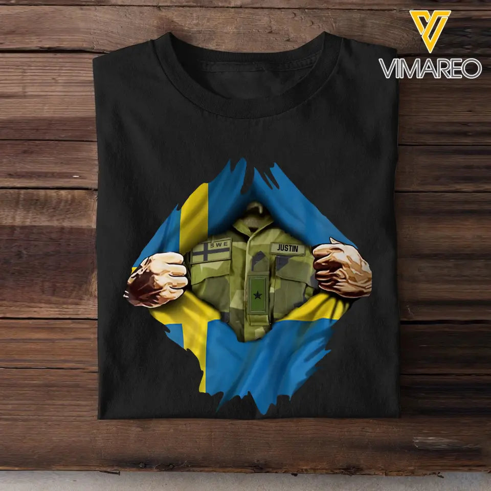 Personalized Swedish Veteran Rank Camo Swedish Flag T-shirt Printed LVA241823