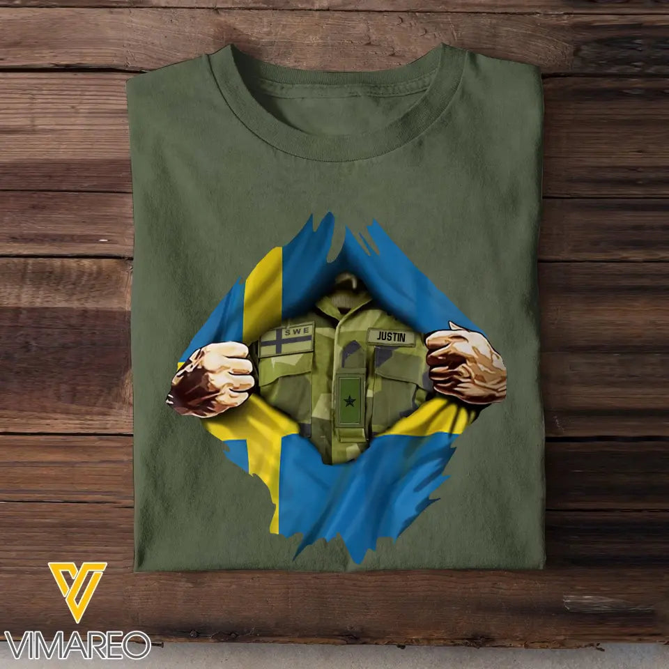 Personalized Swedish Veteran Rank Camo Swedish Flag T-shirt Printed LVA241823