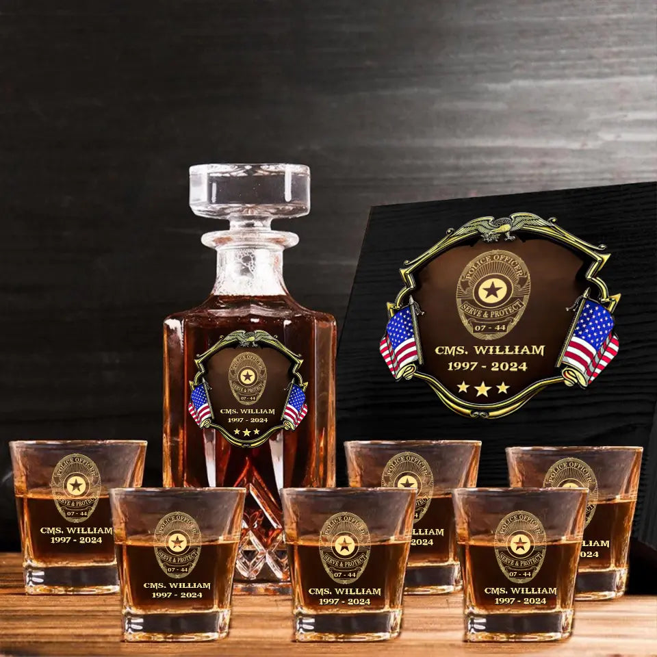 Personalized US Police Bagde Custom Name & Time 
Decanter Set With Glasses Or Whiskey Glass Printed AHVA241836