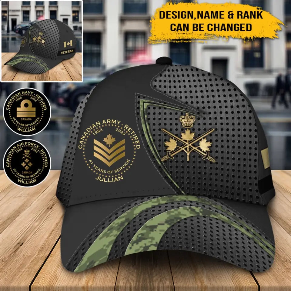 Personalized Canadian Veteran Logo Rank Gold Custom Name & Time Cap 3D Printed AHHN241852