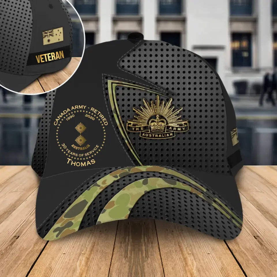 Personalized Australian Veteran Logo Rank Gold Custom Name & Time Cap 3D Printed AHHN241852