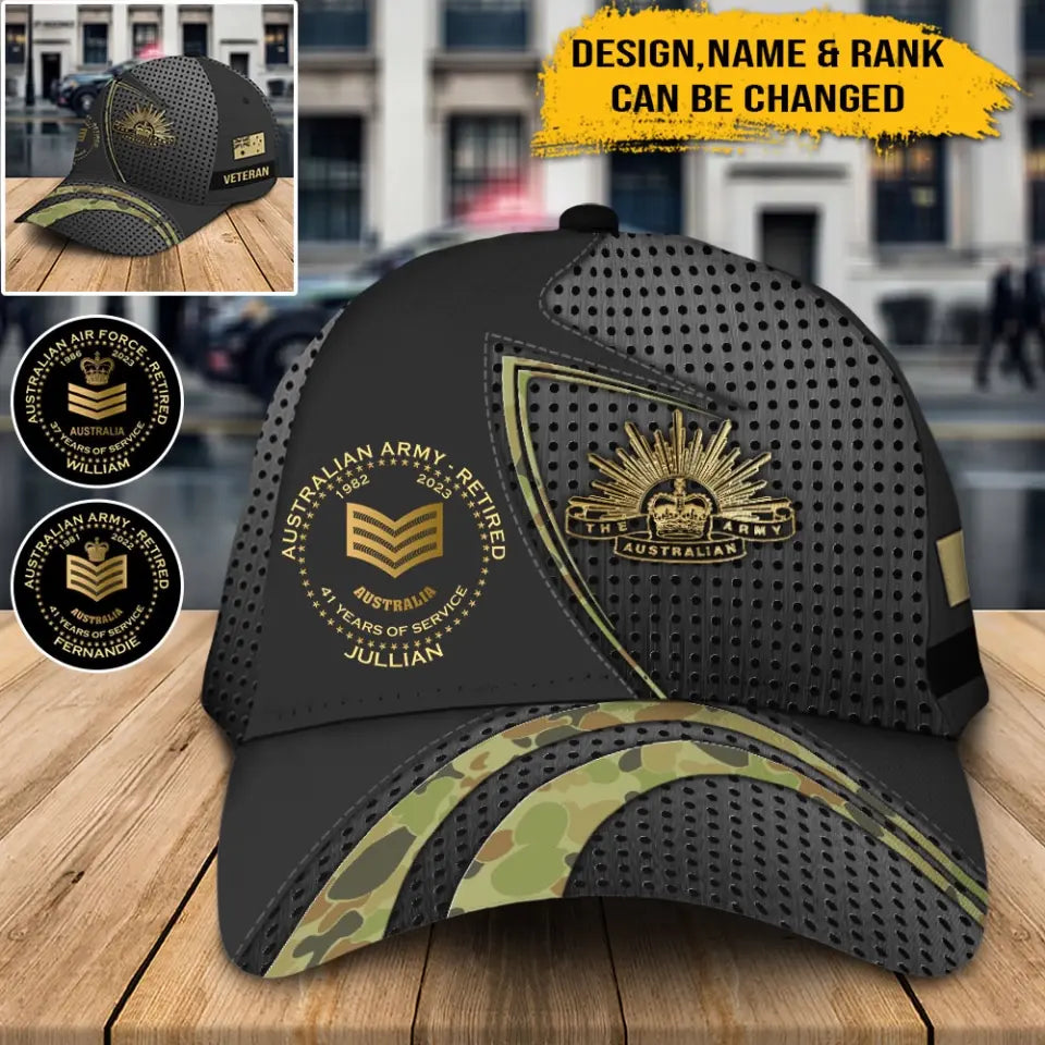 Personalized Australian Veteran Logo Rank Gold Custom Name & Time Cap 3D Printed AHHN241852