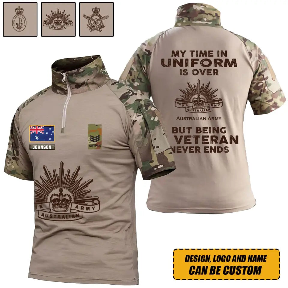 Personalized My Time In Uniform Is Over Australian Army But Being A Veteran Never Ends Australian Veteran Rank Camo Hiking Army Shirt Printed AHVQ241860