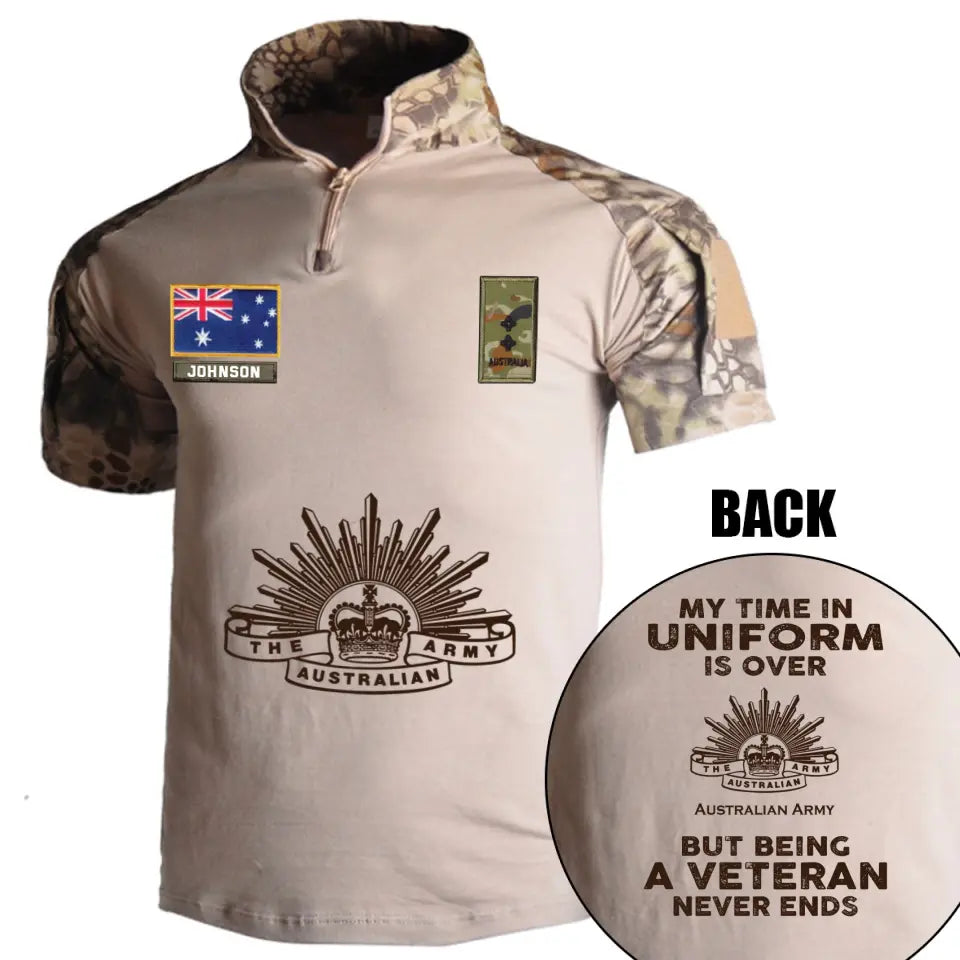 Personalized My Time In Uniform Is Over Australian Army But Being A Veteran Never Ends Australian Veteran Rank Camo Hiking Army Shirt Printed AHVQ241860