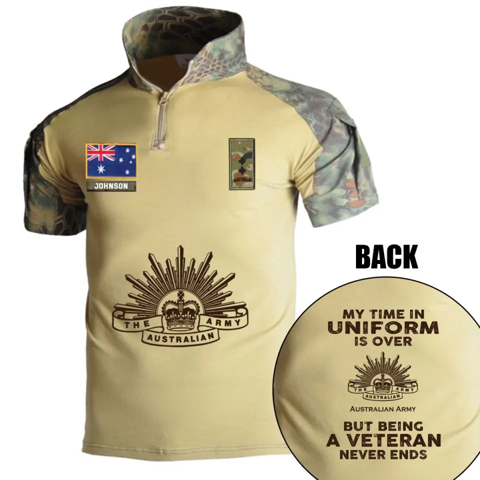 Personalized My Time In Uniform Is Over Australian Army But Being A Veteran Never Ends Australian Veteran Rank Camo Hiking Army Shirt Printed AHVQ241860