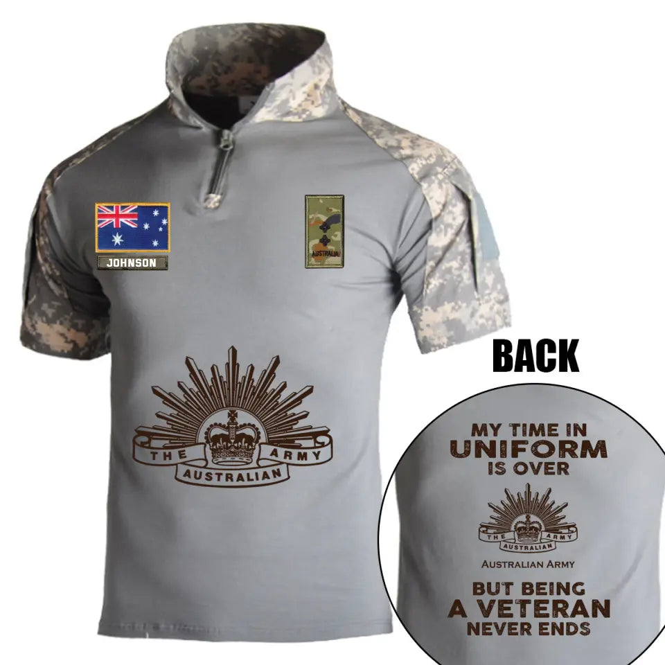 Personalized My Time In Uniform Is Over Australian Army But Being A Veteran Never Ends Australian Veteran Rank Camo Hiking Army Shirt Printed AHVQ241860