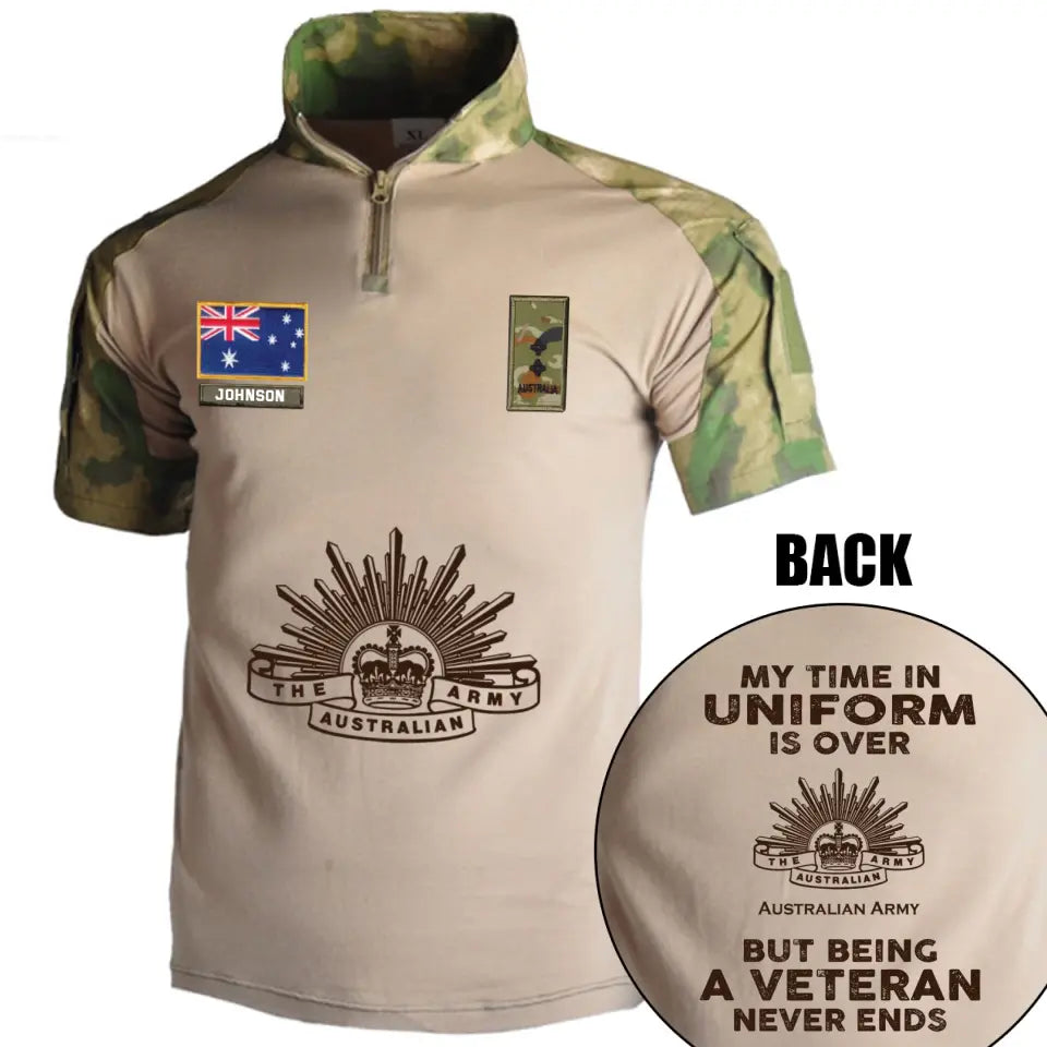 Personalized My Time In Uniform Is Over Australian Army But Being A Veteran Never Ends Australian Veteran Rank Camo Hiking Army Shirt Printed AHVQ241860