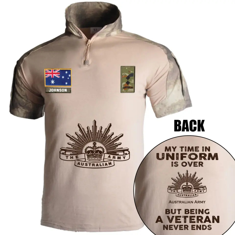 Personalized My Time In Uniform Is Over Australian Army But Being A Veteran Never Ends Australian Veteran Rank Camo Hiking Army Shirt Printed AHVQ241860