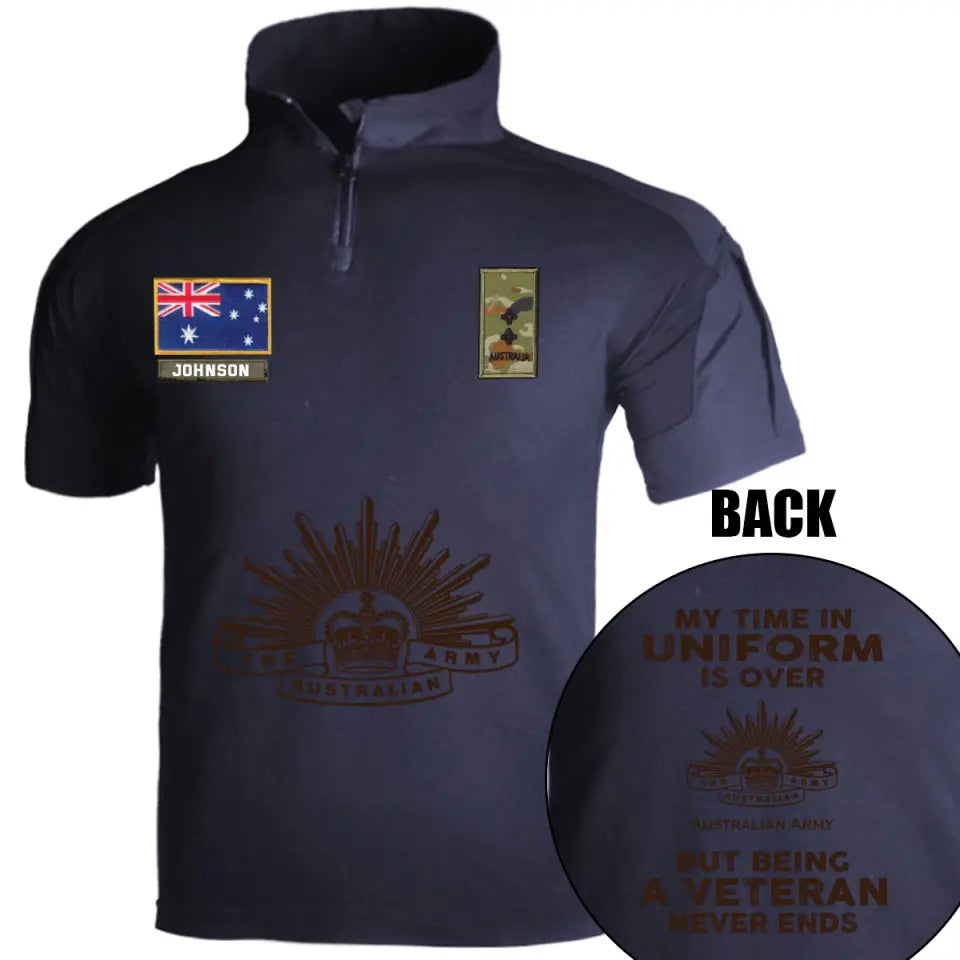 Personalized My Time In Uniform Is Over Australian Army But Being A Veteran Never Ends Australian Veteran Rank Camo Hiking Army Shirt Printed AHVQ241860