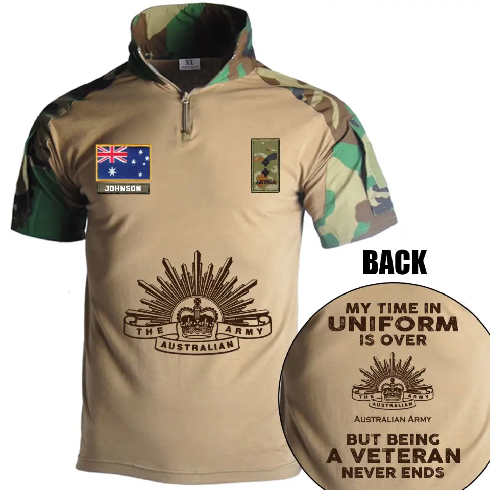 Personalized My Time In Uniform Is Over Australian Army But Being A Veteran Never Ends Australian Veteran Rank Camo Hiking Army Shirt Printed AHVQ241860