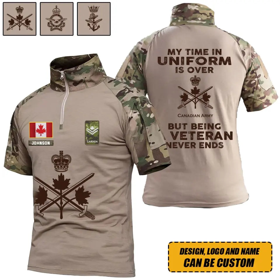 Personalized My Time In Uniform Is Over Canadian Army But Being A Veteran Never Ends Canadian Veteran Rank Camo Hiking Army Shirt Printed AHVQ241860