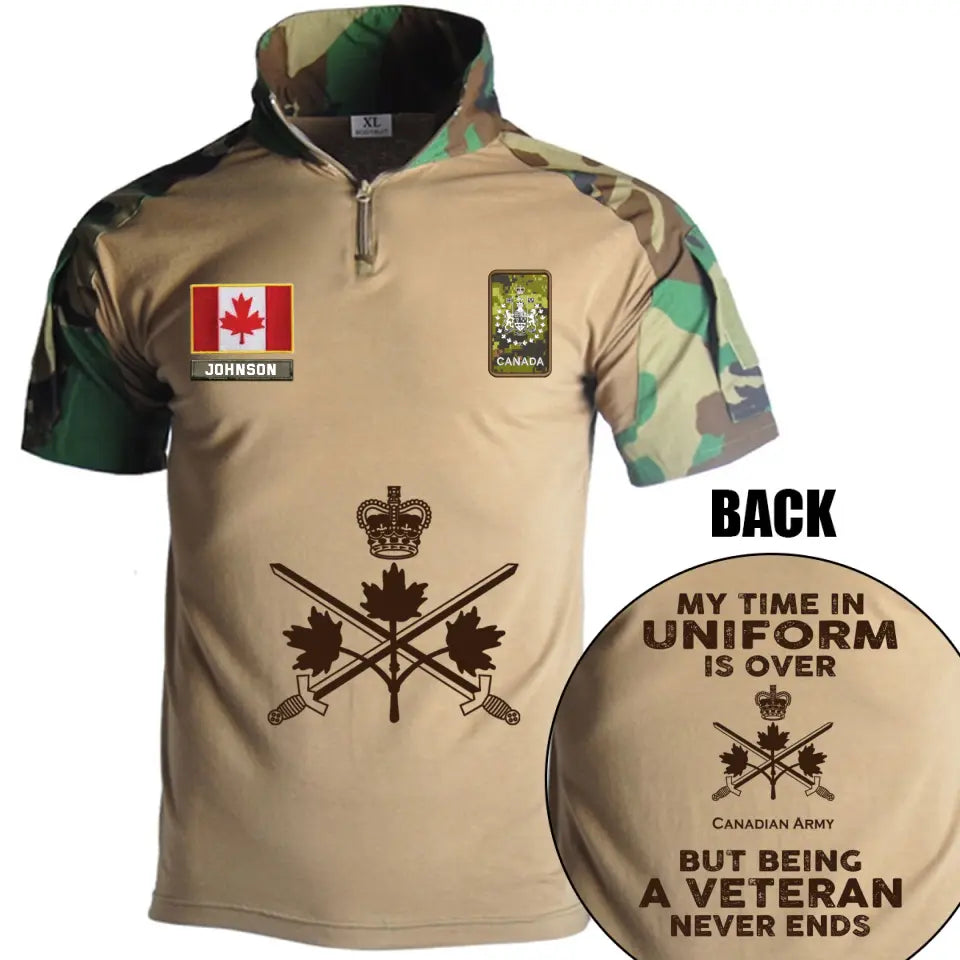 Personalized My Time In Uniform Is Over Canadian Army But Being A Veteran Never Ends Canadian Veteran Rank Camo Hiking Army Shirt Printed AHVQ241860