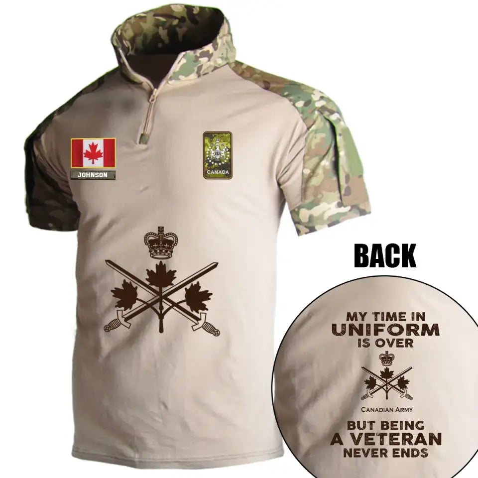Personalized My Time In Uniform Is Over Canadian Army But Being A Veteran Never Ends Canadian Veteran Rank Camo Hiking Army Shirt Printed AHVQ241860