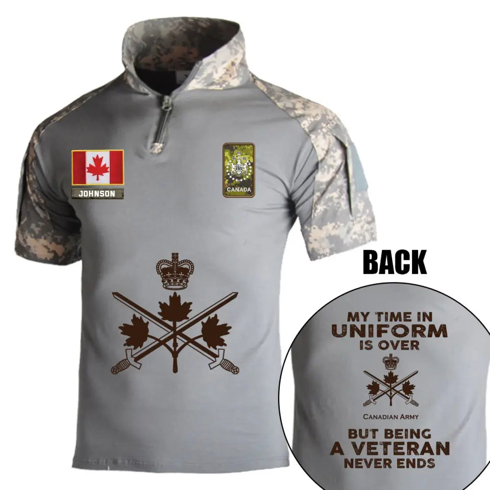 Personalized My Time In Uniform Is Over Canadian Army But Being A Veteran Never Ends Canadian Veteran Rank Camo Hiking Army Shirt Printed AHVQ241860