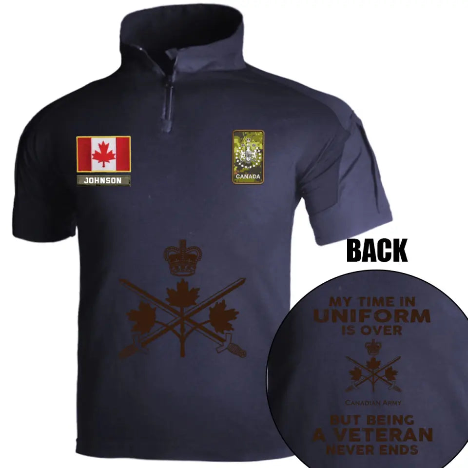 Personalized My Time In Uniform Is Over Canadian Army But Being A Veteran Never Ends Canadian Veteran Rank Camo Hiking Army Shirt Printed AHVQ241860