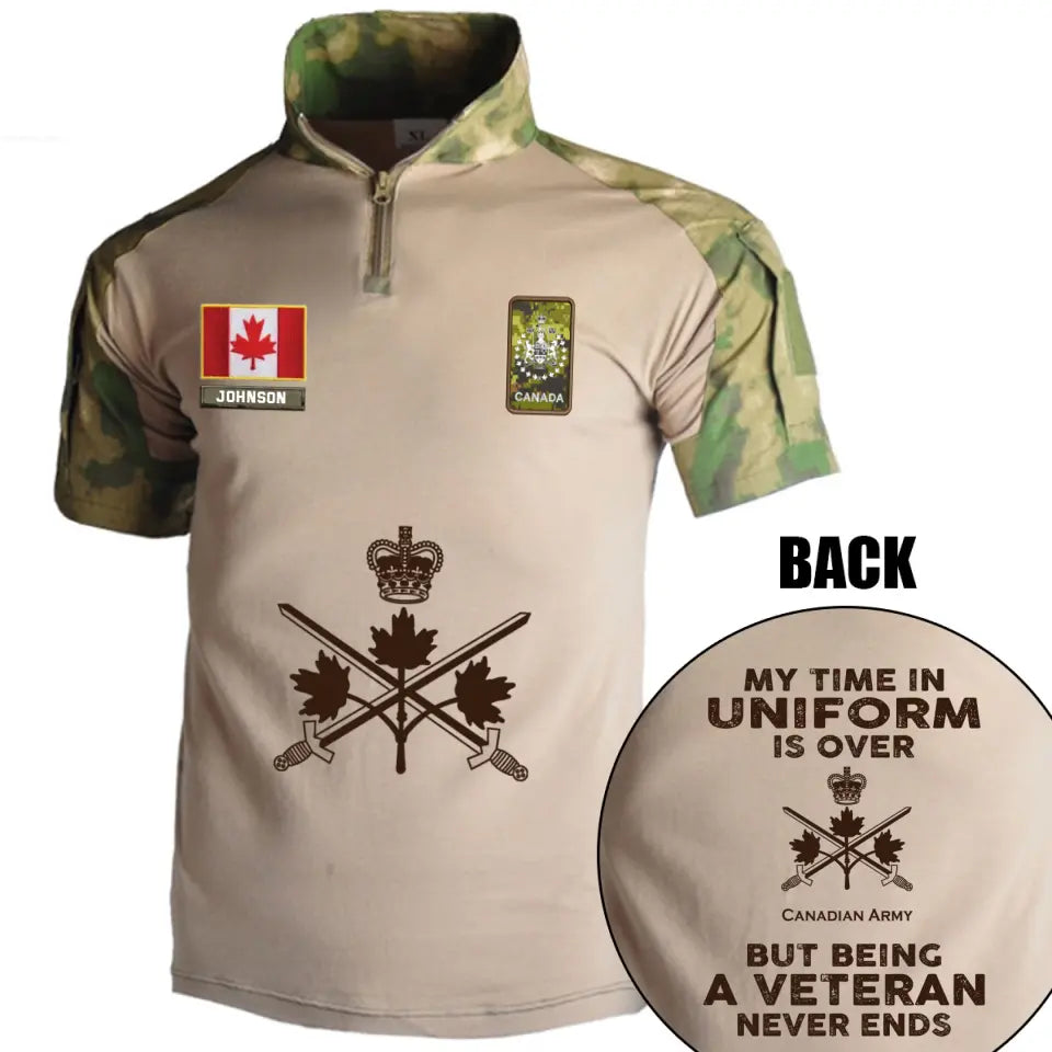 Personalized My Time In Uniform Is Over Canadian Army But Being A Veteran Never Ends Canadian Veteran Rank Camo Hiking Army Shirt Printed AHVQ241860