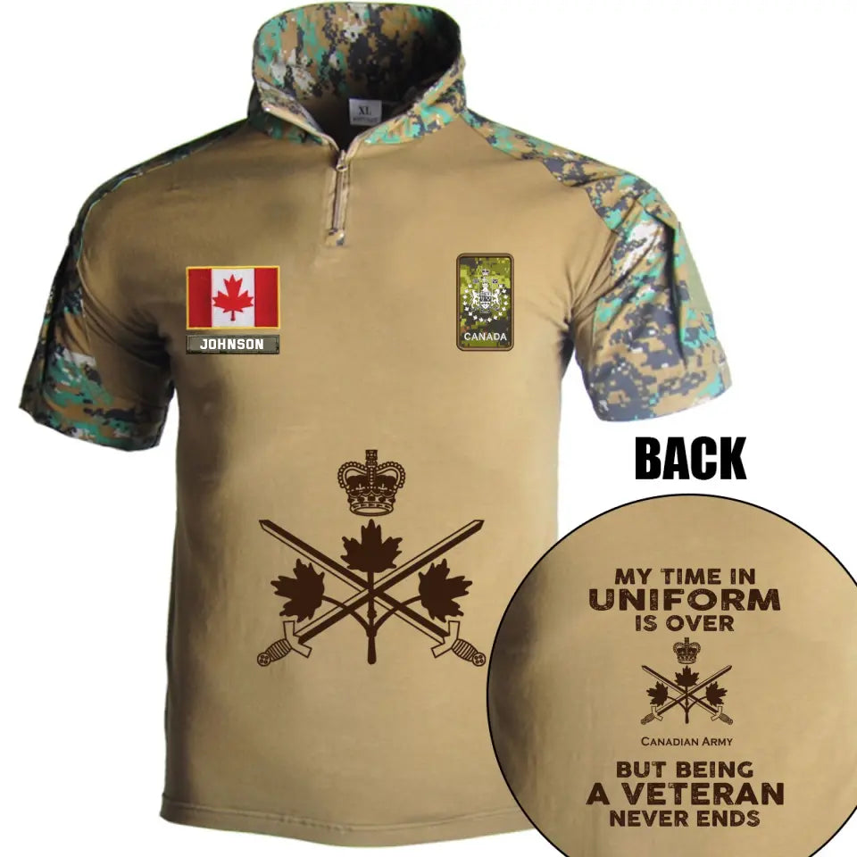 Personalized My Time In Uniform Is Over Canadian Army But Being A Veteran Never Ends Canadian Veteran Rank Camo Hiking Army Shirt Printed AHVQ241860