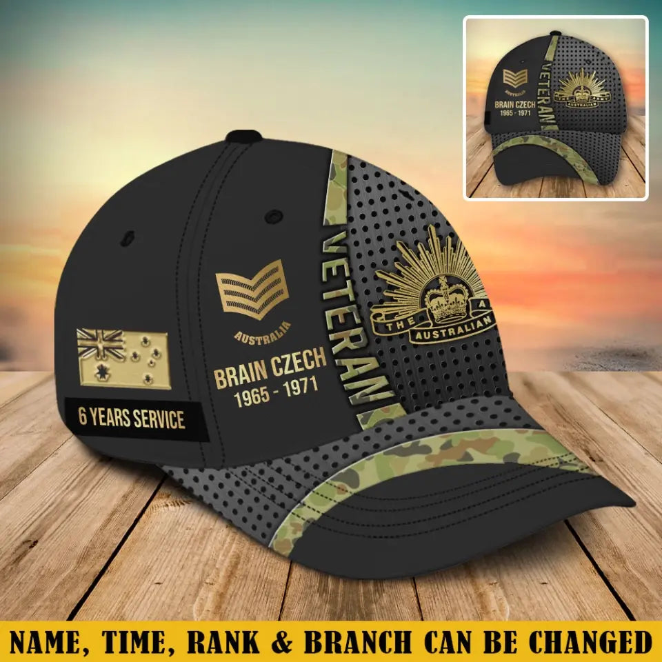 Personalized Australian Veteran Camo Rank Gold Custom Name & Time Cap 3D Printed AHVA241866