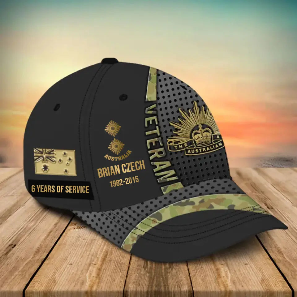 Personalized Australian Veteran Camo Rank Gold Custom Name & Time Cap 3D Printed AHVA241866