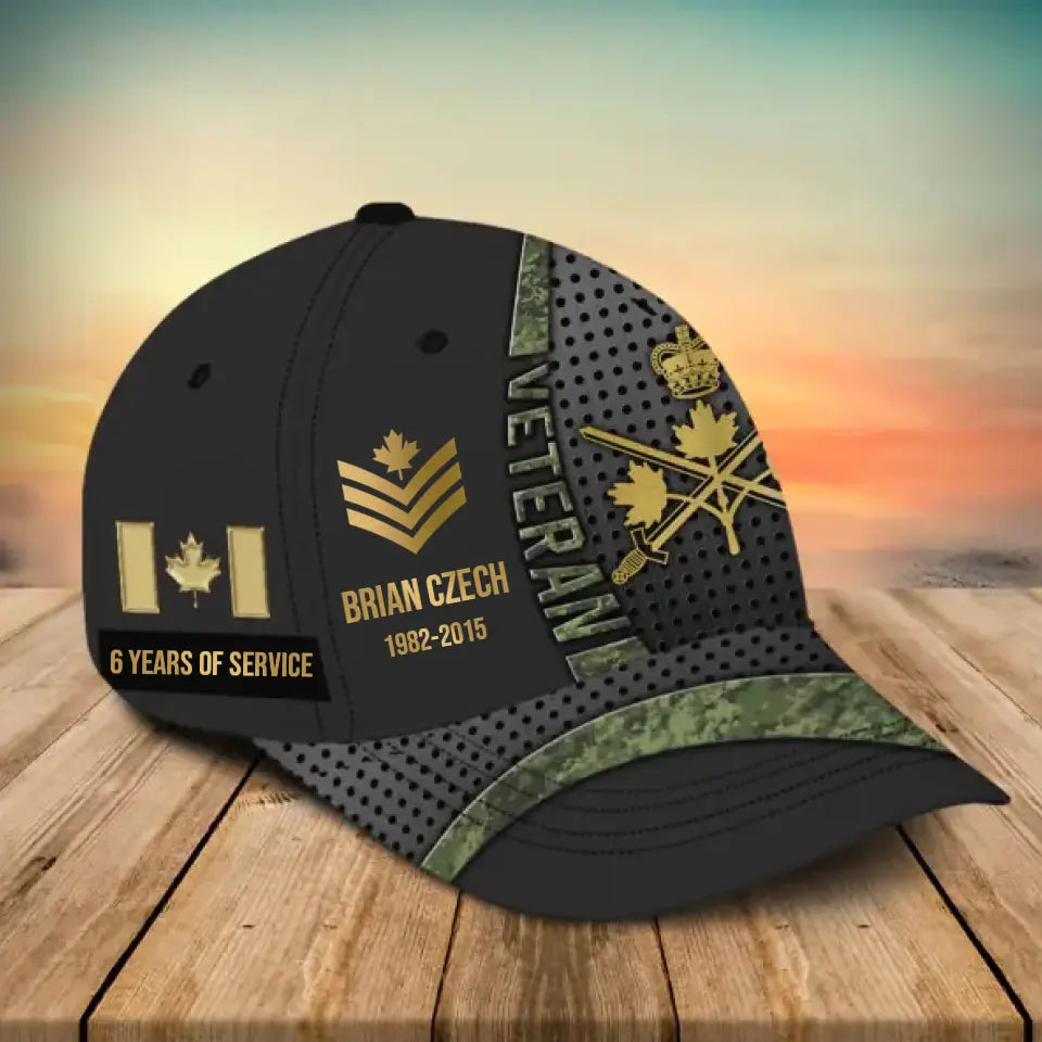 Personalized Canadian Veteran Camo Rank Gold Custom Name & Time Cap 3D Printed AHVA241866
