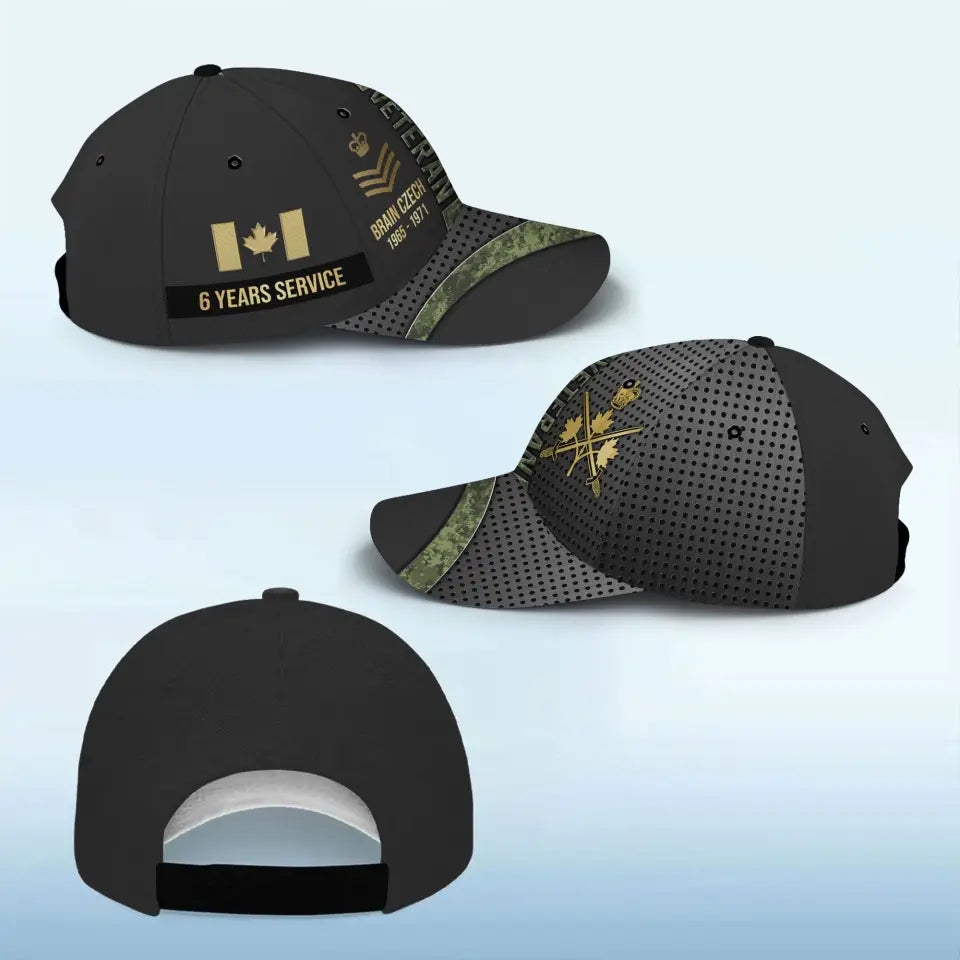 Personalized Canadian Veteran Camo Rank Gold Custom Name & Time Cap 3D Printed AHVA241866