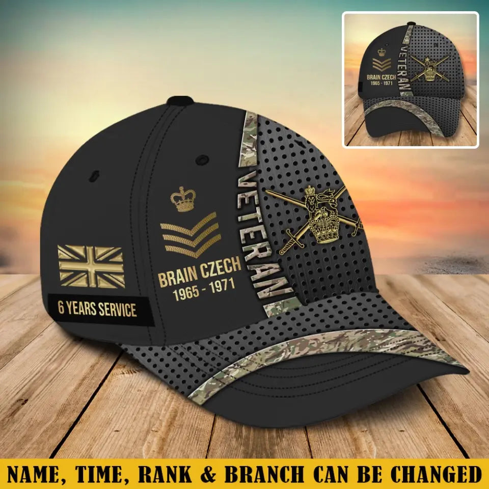 Personalized UK Veteran Camo Rank Gold Custom Name & Time Cap 3D Printed AHVA241866