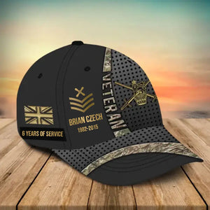 Personalized UK Veteran Camo Rank Gold Custom Name & Time Cap 3D Printed AHVA241866