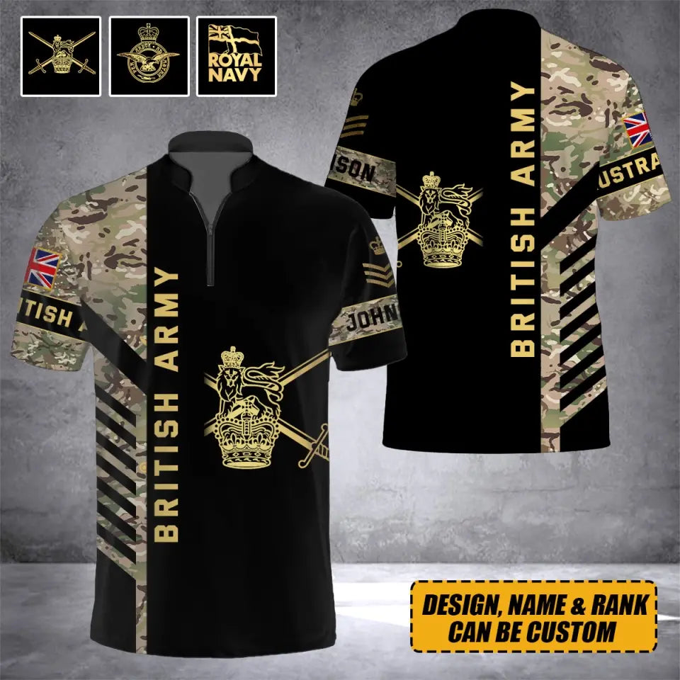 Personalized British Army Veteran Camo Rank Gold & Name Half Turtleneck Short Sleeve Polo 3D Printed AHVQ241867