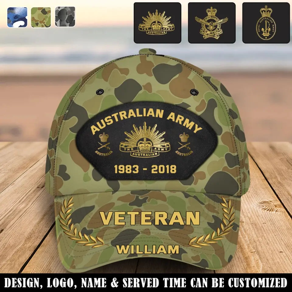 Personalized Australian Army Veteran Camo Rank Gold Custom Name & Time Cap 3D Printed AHVQ41886