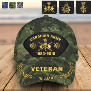 Personalized Canadian Army Veteran Camo Rank Gold Custom Name & Time Cap 3D Printed AHVQ41886