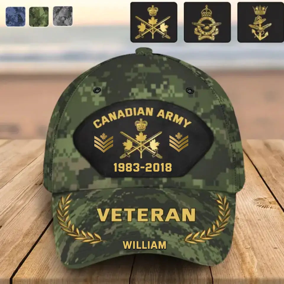 Personalized Canadian Army Veteran Camo Rank Gold Custom Name & Time Cap 3D Printed AHVQ41886