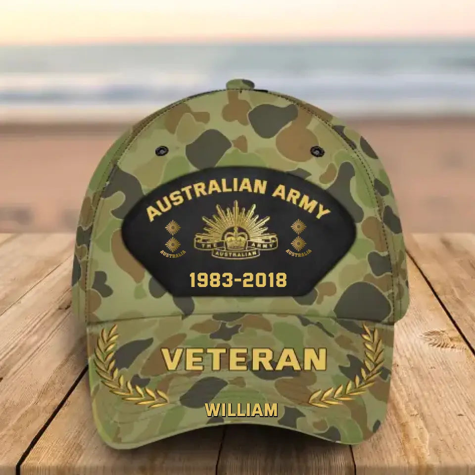 Personalized Australian Army Veteran Camo Rank Gold Custom Name & Time Cap 3D Printed AHVQ41886