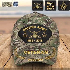 Personalized British Army Veteran Camo Rank Gold Custom Name & Time Cap 3D Printed AHVQ41886