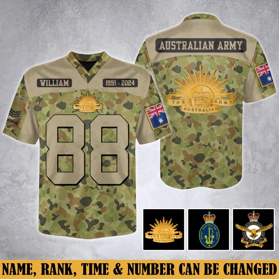 Personalized Australian Army Veteran Custom Name, Time & Rank Camo Football Jersay Shirt Printed AHVA241879