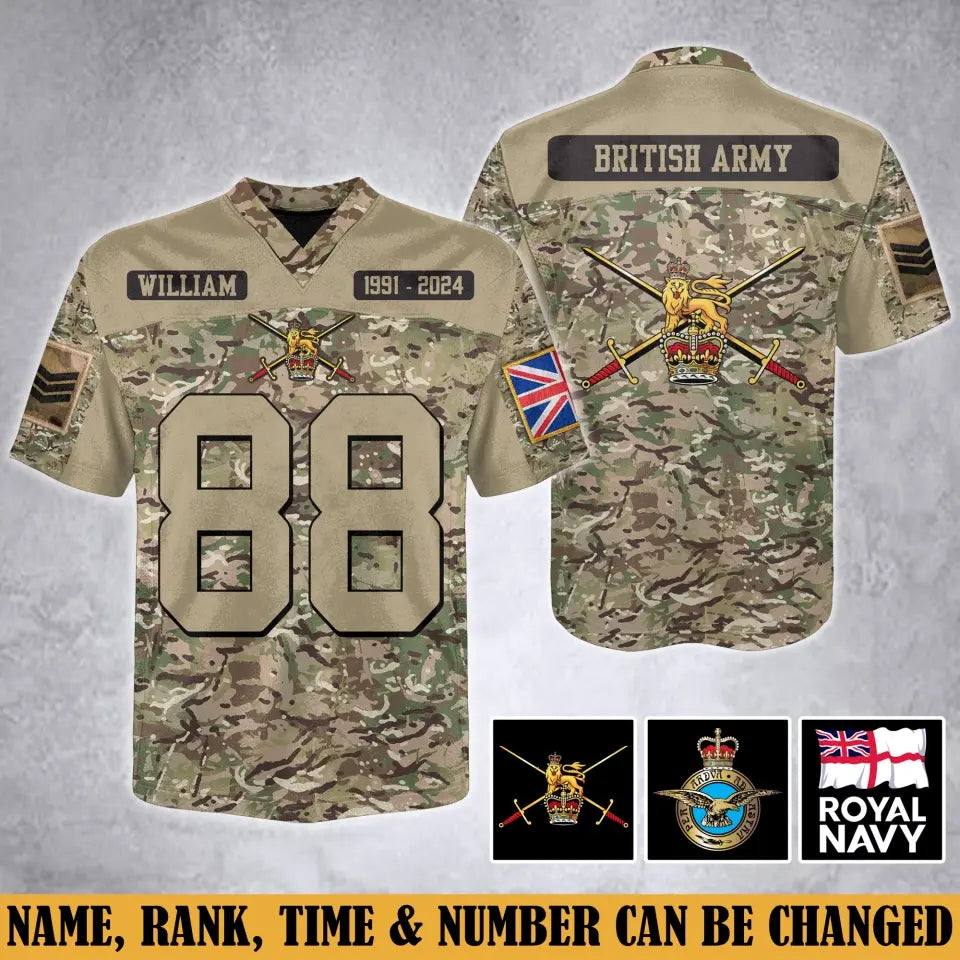 Personalized British Army Veteran Custom Name, Time & Rank Camo Football Jersay Shirt Printed AHVA241879