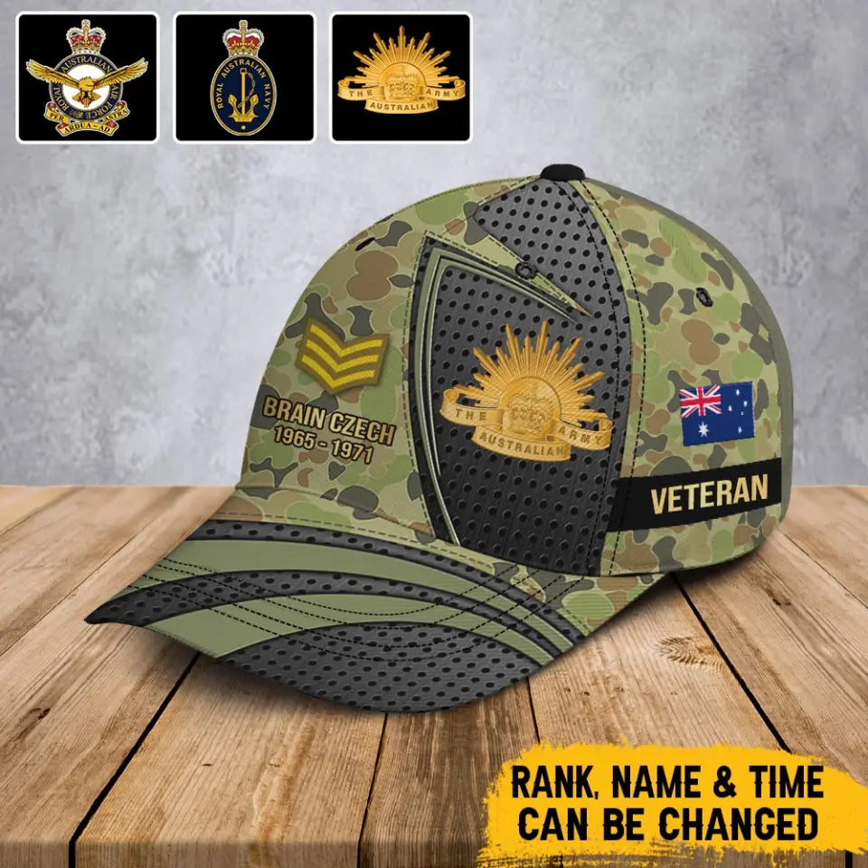 Personalized Australian Veteran Logo Rank Gold & Custom Name Cap 3D Printed AHHN241892