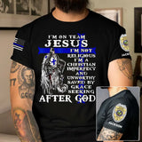 Personalized I'm On Team Jesus I'm Not Religious I'm A Christian Imperfect And Unworthy Saved By Grace Seeking After God US Police Badge US Flag Blue Line T-shirt Printed QTKH241900