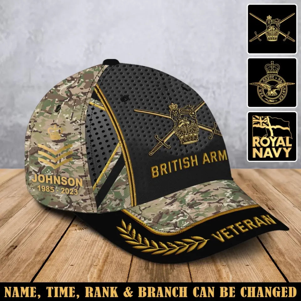Personalized British Army Veteran Camo British Military Logo Custom Rank & Name Cap 3D Printed AHVA241906
