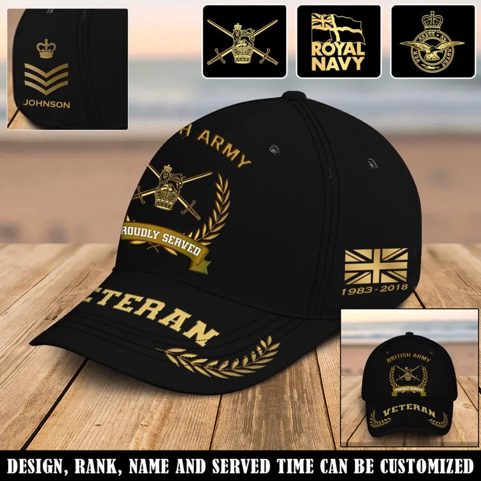 Personalized British Army Veteran Proudly Served Custom Name, Rank & Time Cap 3D Printed AHVQ241909