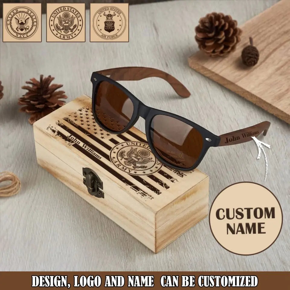 Personalized US Veteran Custom Name US Military Logo Engraved Wooden Sunglasses Printed VQ241903