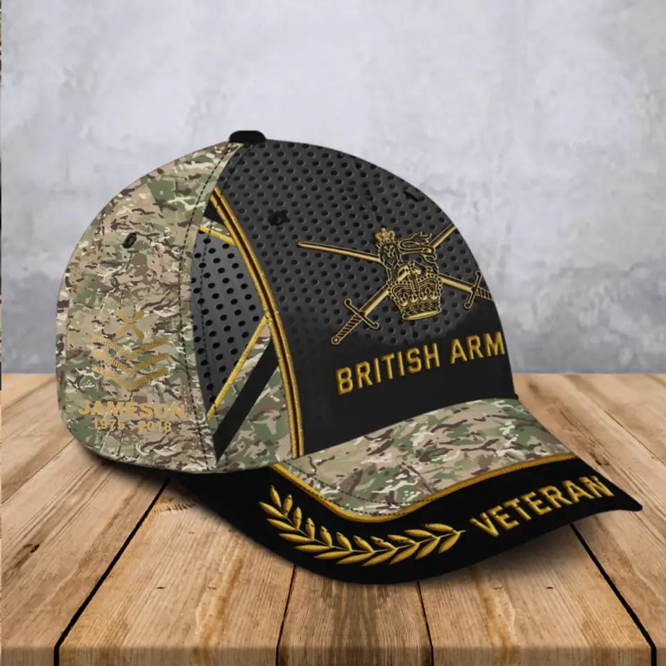 Personalized British Army Veteran Camo British Military Logo Custom Rank & Name Cap 3D Printed AHVA241906